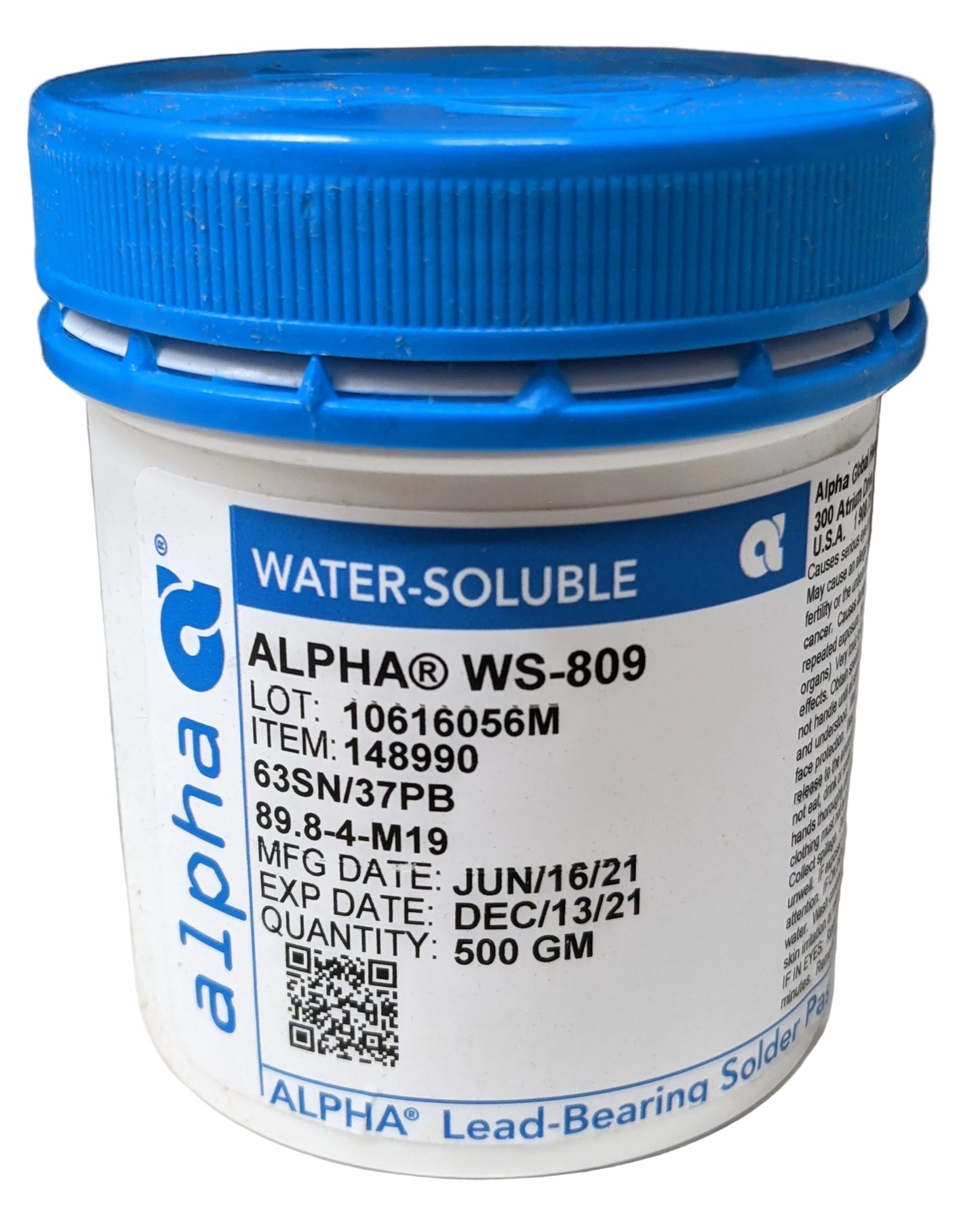 Alpha 148990, WS809 Sn63 Water-Soluble Solder Paste - Type 4, 500g Jar