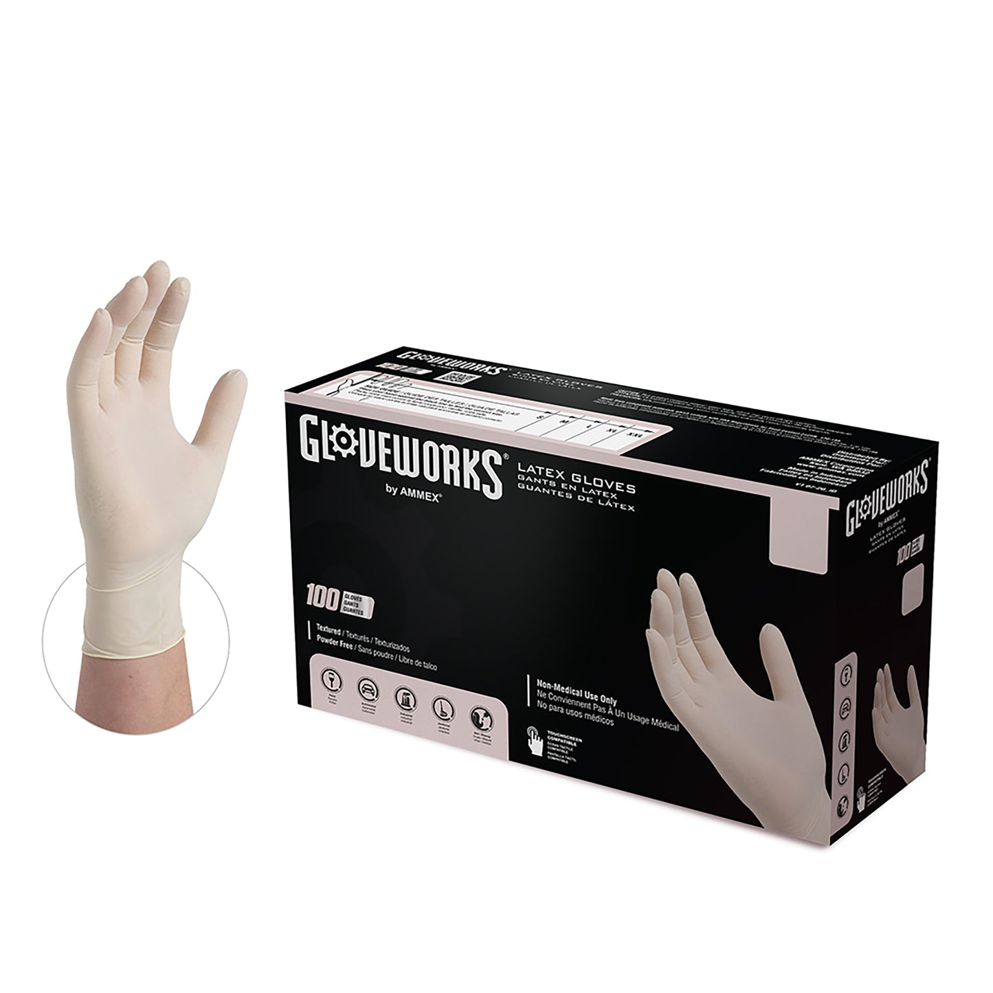 Ammex Gloveworks TLF Ivory Latex Disposable Gloves, Powder-Free, 5 mil, XL, Box of 100