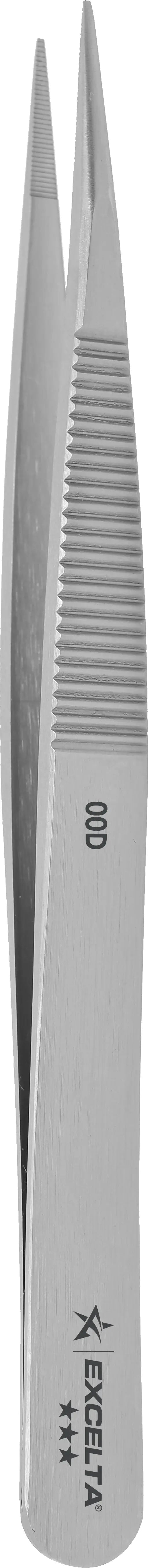 EXCELTA - 00D, Tweezers, 3-Star, Straight, Strong Medium Point Carbon Steel, Serrated Tips, 4.75" OAL