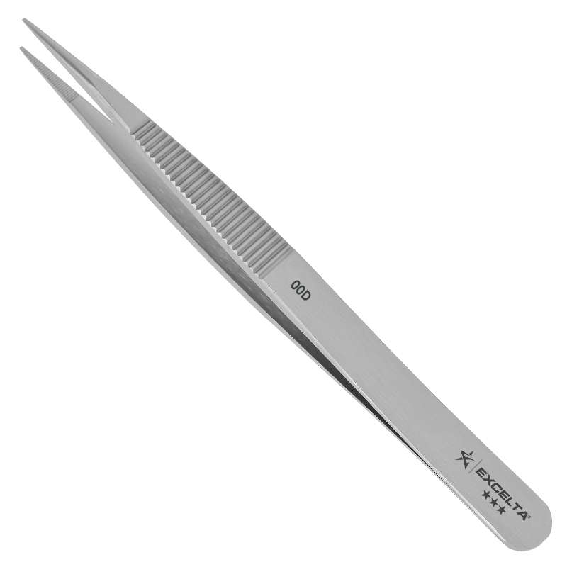 EXCELTA - 00D, Tweezers, 3-Star, Straight, Strong Medium Point Carbon Steel, Serrated Tips, 4.75" OAL