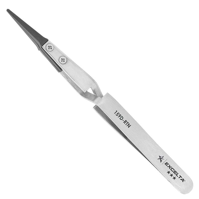 EXCELTA - 159D-RTN, Tweezers, Replaceable Carbon Fiber 0.06"x0.015" Tip, Cross Action, 5" OAL