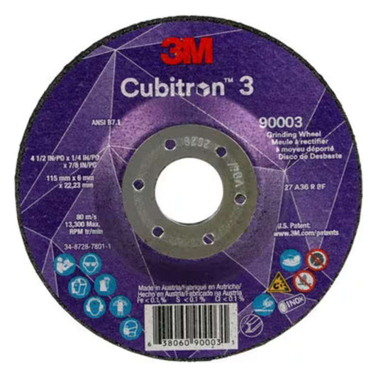 3M Cubitron 3 Depressed Center Grinding Wheel, 90003, 36+, T27, 4-1/2 in x 1/4 in x 7/8 in ANSI