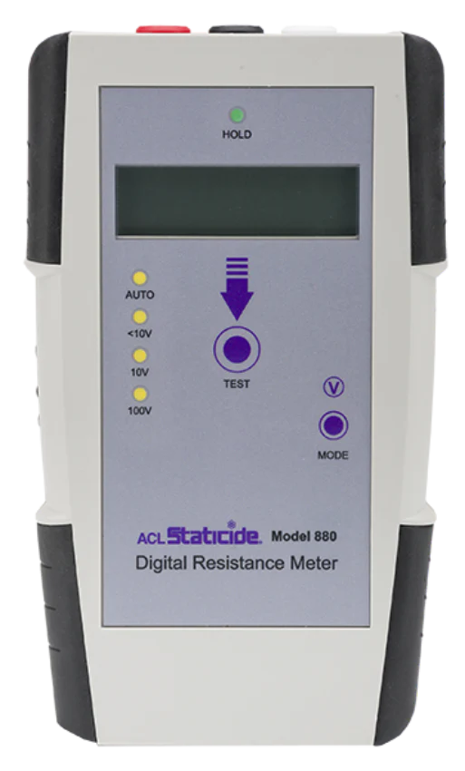 Staticide® 880 Precision Digital Megohmmeter - Includes meter, two 5-lb probes, 80" banana-to-banana shielded split cable and shielded ground cable, 9 volt battery, carrying case, and NIST-traceable calibration certificate