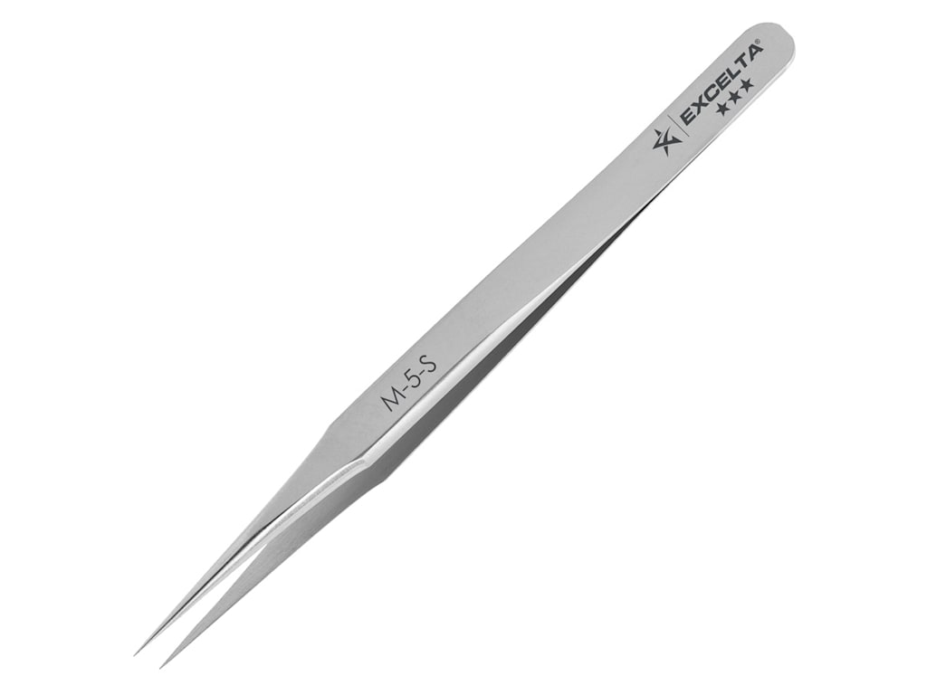 EXCELTA - M-5-S, Tweezers, Mini Straight, Tapered Ultra Fine Point, SS, 2.75" OAL, Mini Series