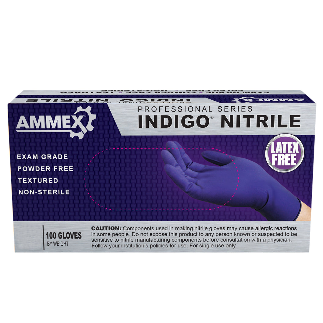 Ammex Indigo Nitrile Exam Gloves, Powder Free, Large, Box of 100