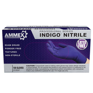 Ammex Indigo Nitrile Exam Gloves, Powder Free, Medium, Box of 100