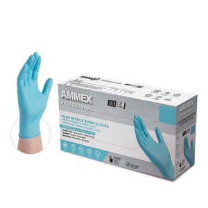Ammex Blue Nitrile Exam Gloves, Powder Free, Small, Box of 100