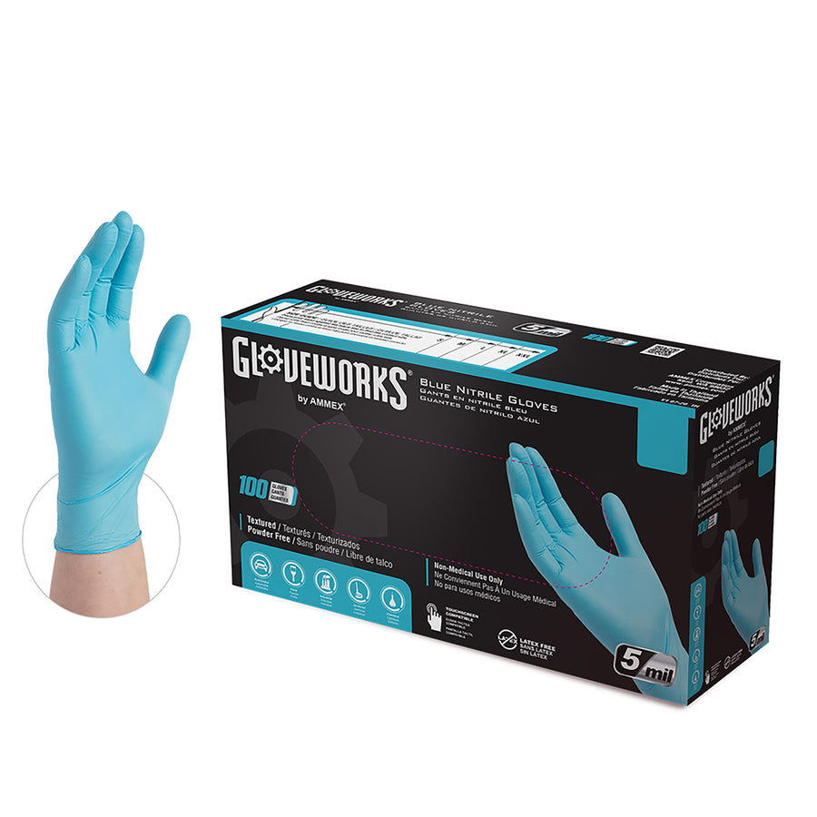 Ammex Gloveworks INPF Blue Nitrile Disposable Assembly Gloves, Powder-Free, 5-6 mil, Medium, Box of 100